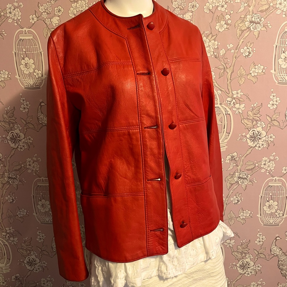 Women's Red Leather Button-Front Jacket
